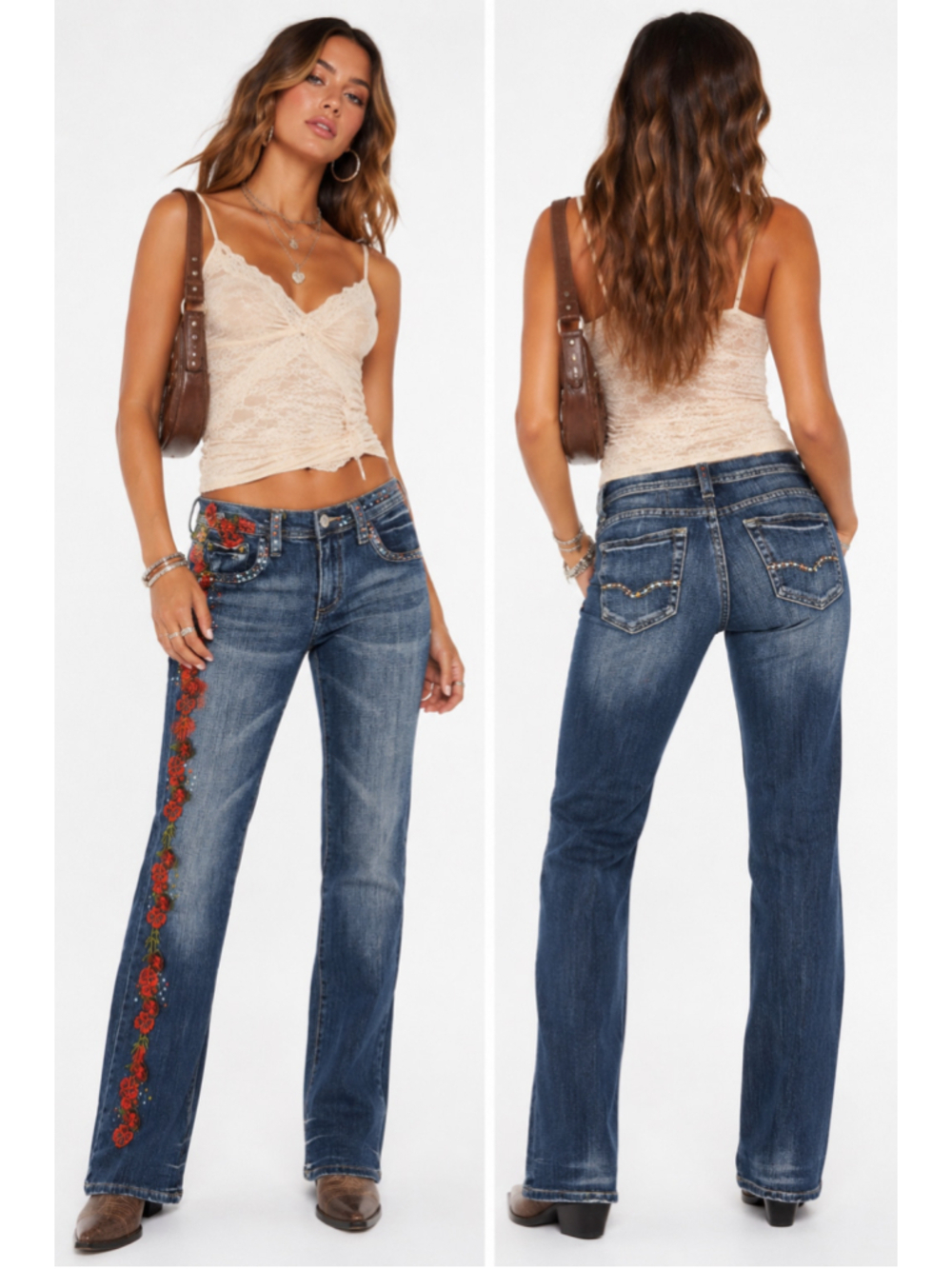 Too She She Jeans Women 2 Blue Denim Straight Floral Embellished Rhinestones Y2K